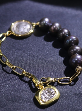 向卉意大利中古大溪地黑珍珠古币手链