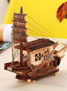 一帆风顺木质小船音乐盒创意黑帆船形发条八音盒同学生礼品工艺品
