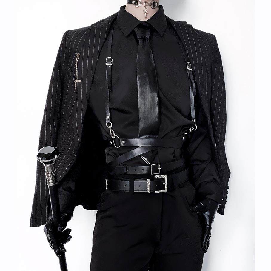 cos成男乙游禁欲系暗黑设计感交叉抱婴袋腰带超帅西装衬衫装饰皮