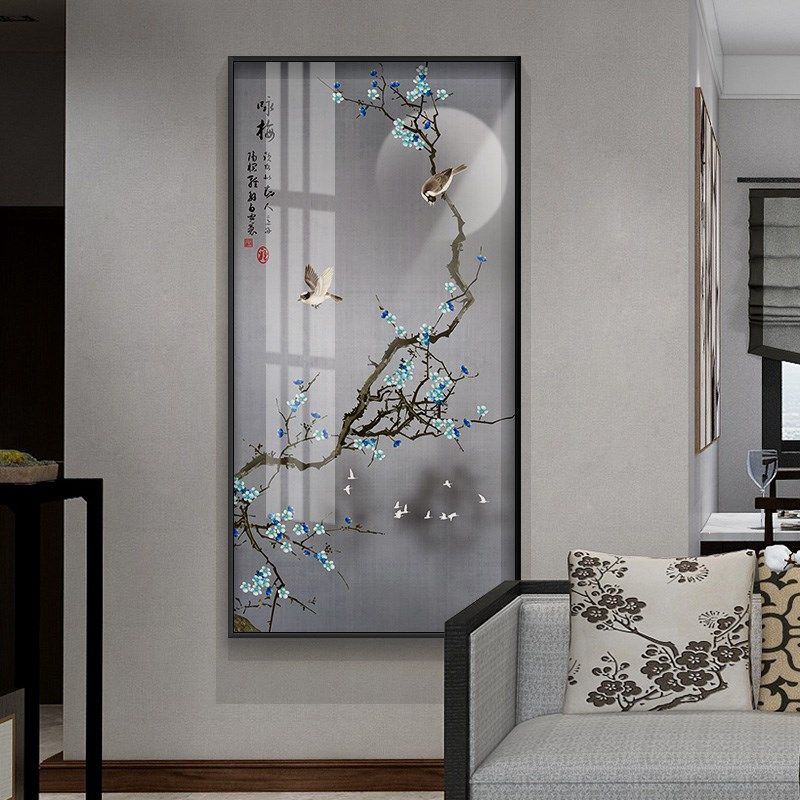 玄关装饰竖版走廊过道楼梯墙面挂画新中式花鸟意境水墨画梅花壁画