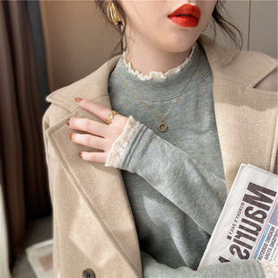 韩版 女2020秋冬新款 蕾丝拼接上衣潮 打底衫 德绒半高领加绒加厚长袖