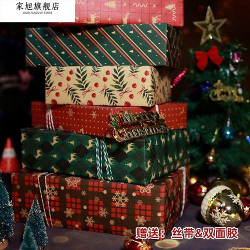 新品圣诞主题包装纸覆古平安夜牛皮礼品盒纸麋鹿圣诞树礼物装饰纸