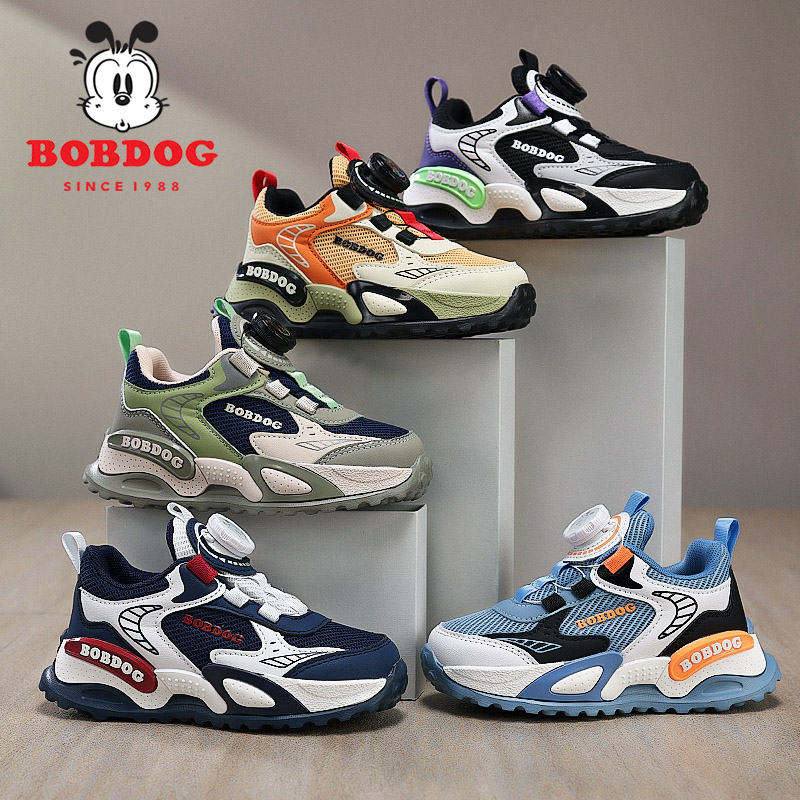 Bobdog/巴布豆2025新款28-38皮面/双网轻跑鞋旋钮扣运动鞋S506