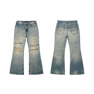 清仓价 美式复古做旧宽松微喇叭牛仔裤男女小众刀割破坏破洞长裤