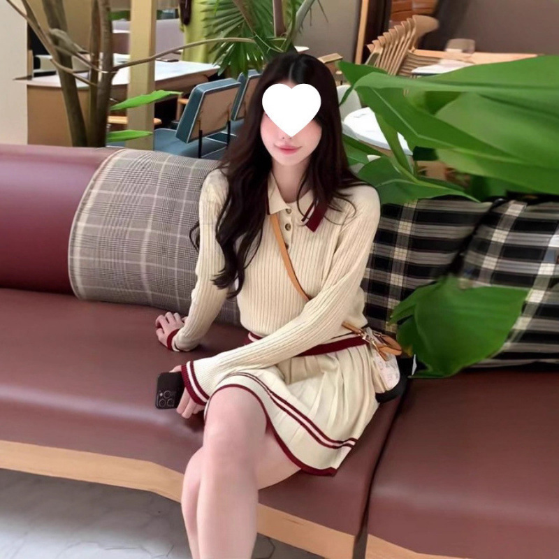 秋冬穿搭一整套学院风polo领针织百褶短裙两件套装初早秋爆款外穿