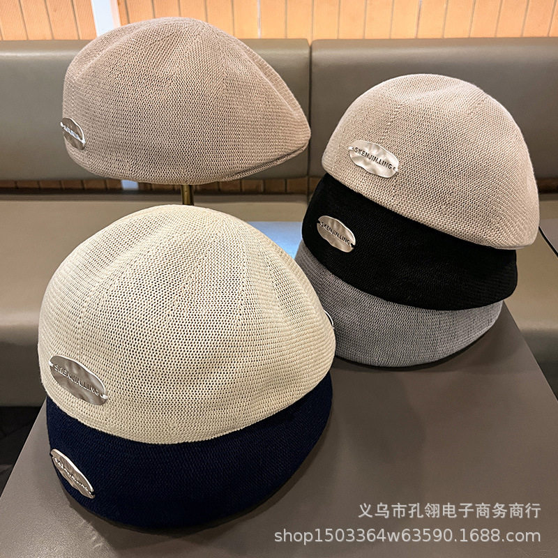 韩版时尚百搭定型金属标贝雷帽女夏季薄款镂空针织透气反戴前进帽