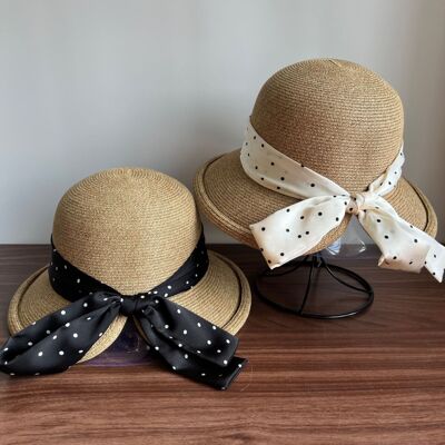 韩版小清新波点蝴蝶结卷边草帽女夏季海边旅游度假防晒遮阳沙滩帽