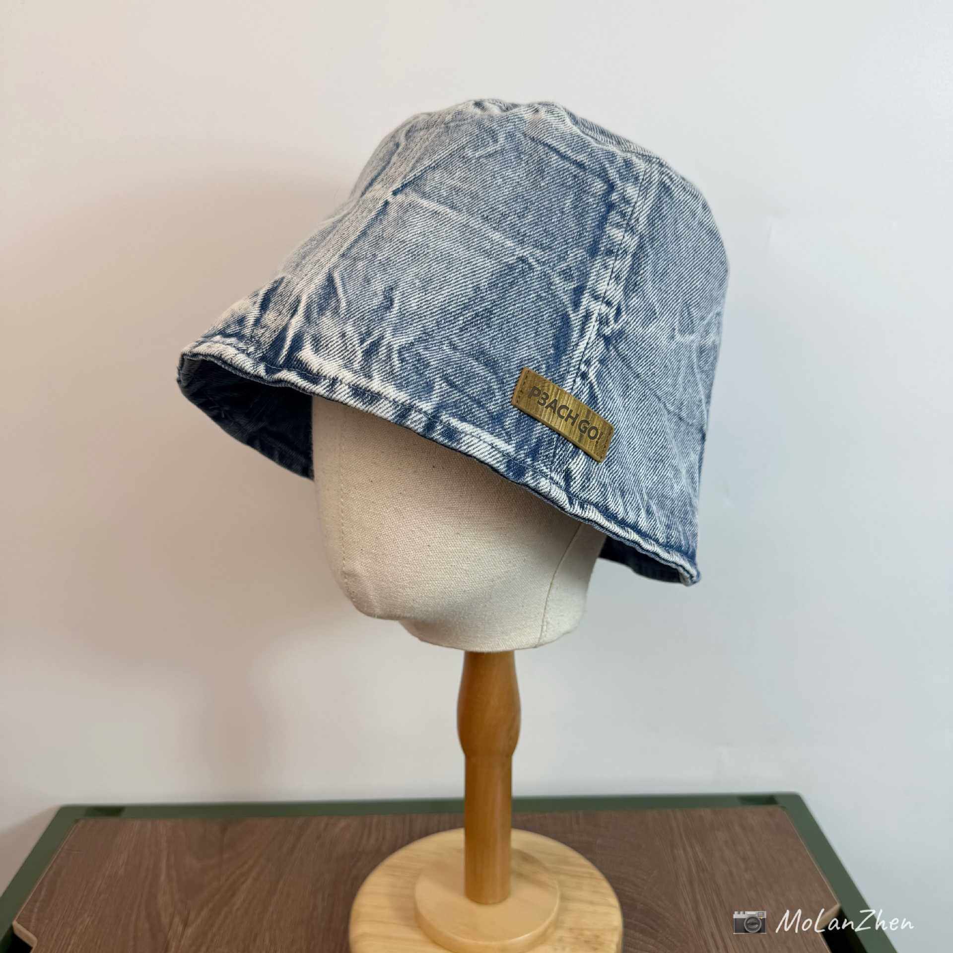 P3ACHGO!木纹标复古水洗牛仔布渔夫帽男女同款户外休闲遮阳显脸小