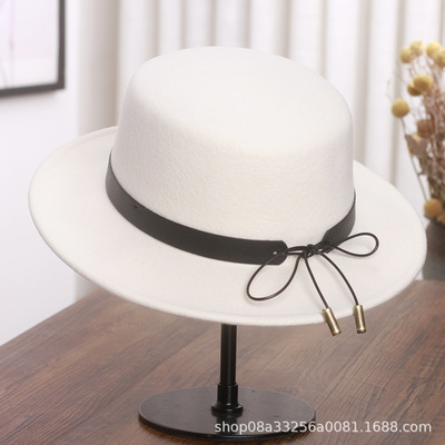 法式白色羊毛礼帽女秋冬英伦复古百搭爵士帽时尚潮流平顶帽显脸小