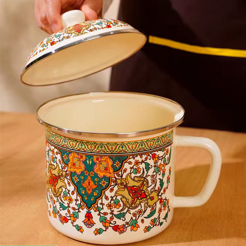 珐琅搪瓷杯大号怀旧茶杯男款加厚铁茶缸子大容量带盖泡面杯热奶杯