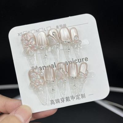 2025新款高级冰透玻璃珠猫眼雕花蝴蝶纯手工穿戴甲中长款结婚美甲
