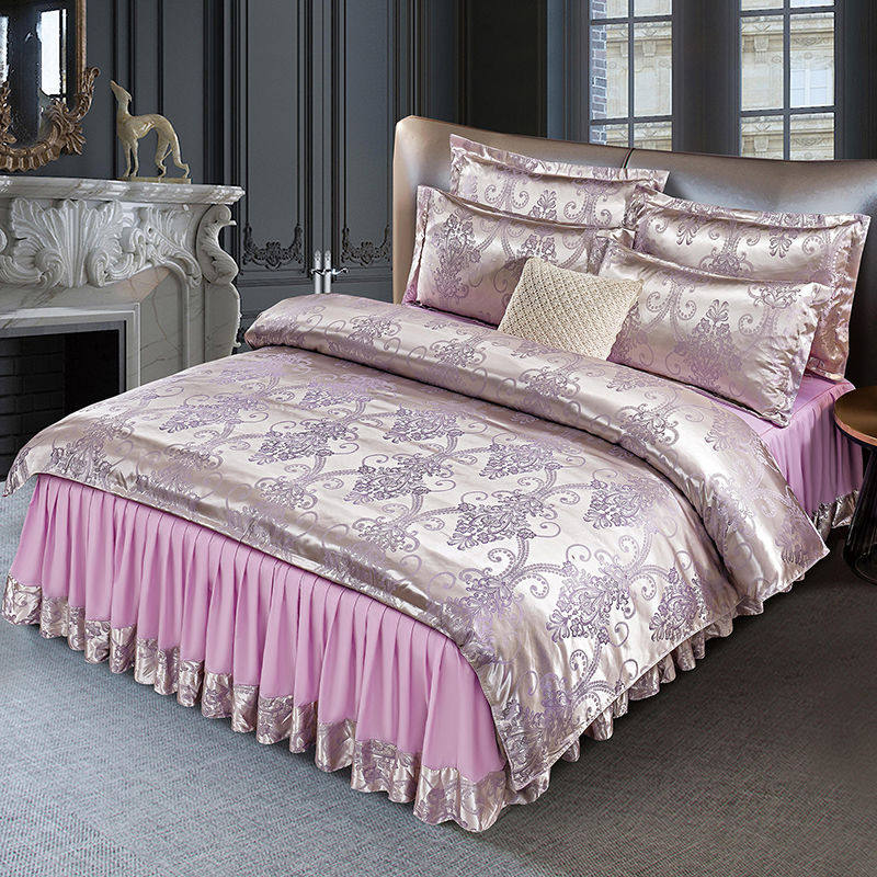 欧式床裙款贡缎提花四件套床单被套单双人婚庆床上用品三件套