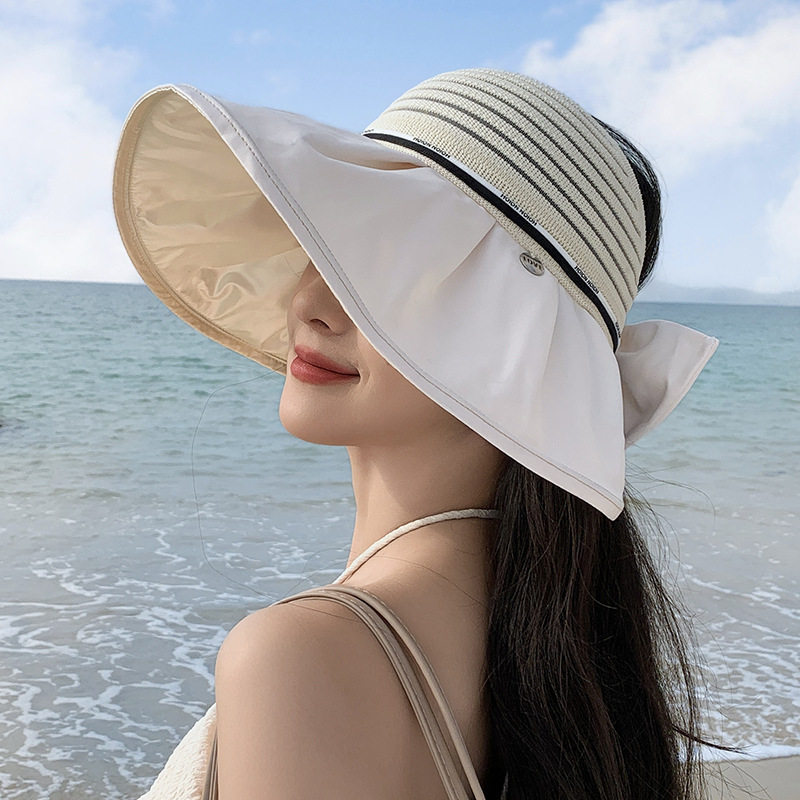 夏季时尚纯色镂空拼接太阳帽蝴蝶结空顶帽叠遮阳防晒沙滩渔夫帽