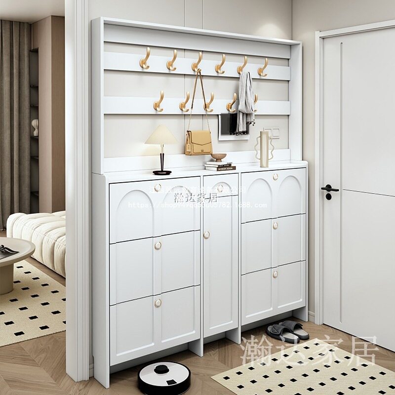 实木翻斗鞋柜家用门口大容量带衣架简约现代白色多功能门厅柜组装