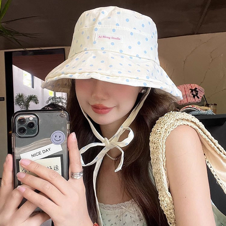 韩版ins小清新波点系带渔夫帽学生夏季出游大帽檐遮阳防晒盆帽女