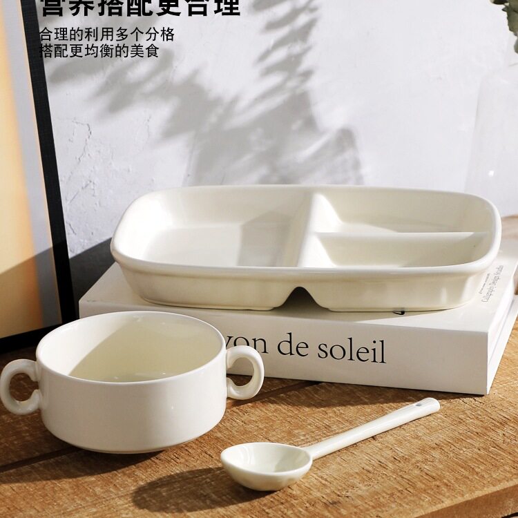一人食奶油风陶瓷餐盘双耳碗长柄勺套装高颜值ins 餐具创意分格盘