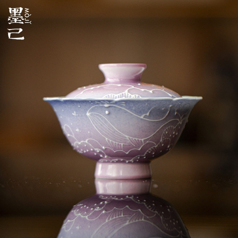 墨己梦幻渐变紫手绘有田烧鲸鱼盖碗功夫茶具仿宋花口高足泡茶碗