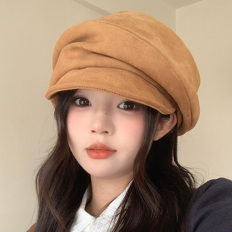 麂皮绒软檐八角帽女时尚设计感画家帽秋冬季保暖防风显脸小贝雷帽