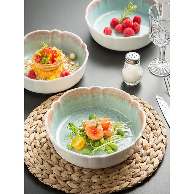 日式家用陶瓷餐具水果沙拉碗甜品碗创意花形焗饭碗花边碗烤碗面碗