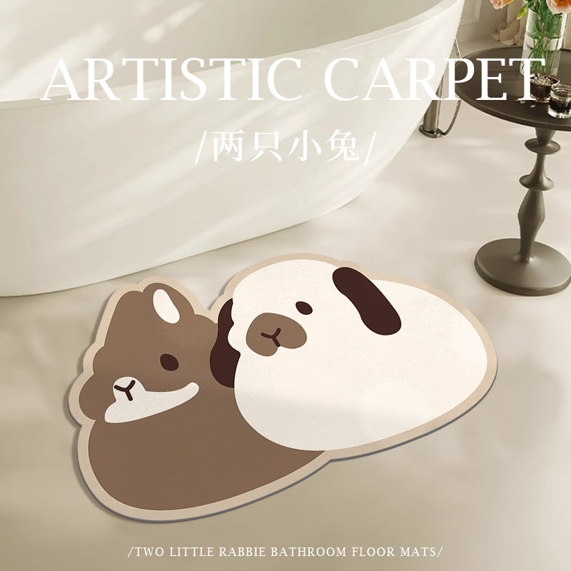 两只兔兔浴室强吸水地垫速干防滑脚垫子卫生间厕所科技绒防摔地毯