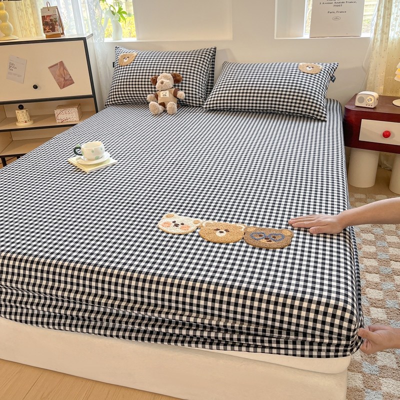 ins小仙女黑白格纯棉床笠单件1.5m色织水洗全棉床罩1.8全包床单夏