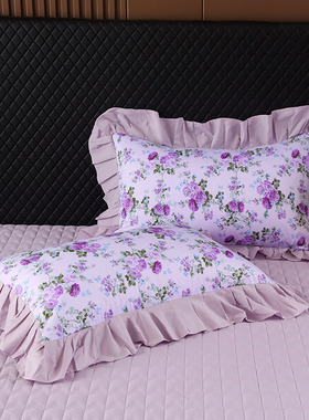 ins风紫色牡丹纯棉枕套一对装48*74情侣100全棉枕头套大号枕芯罩