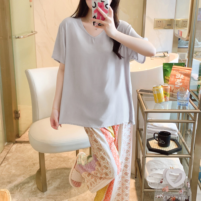 夏季纯色短袖棉绸睡衣女士