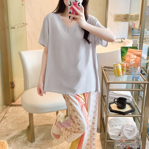 夏季纯色短袖棉绸睡衣女士