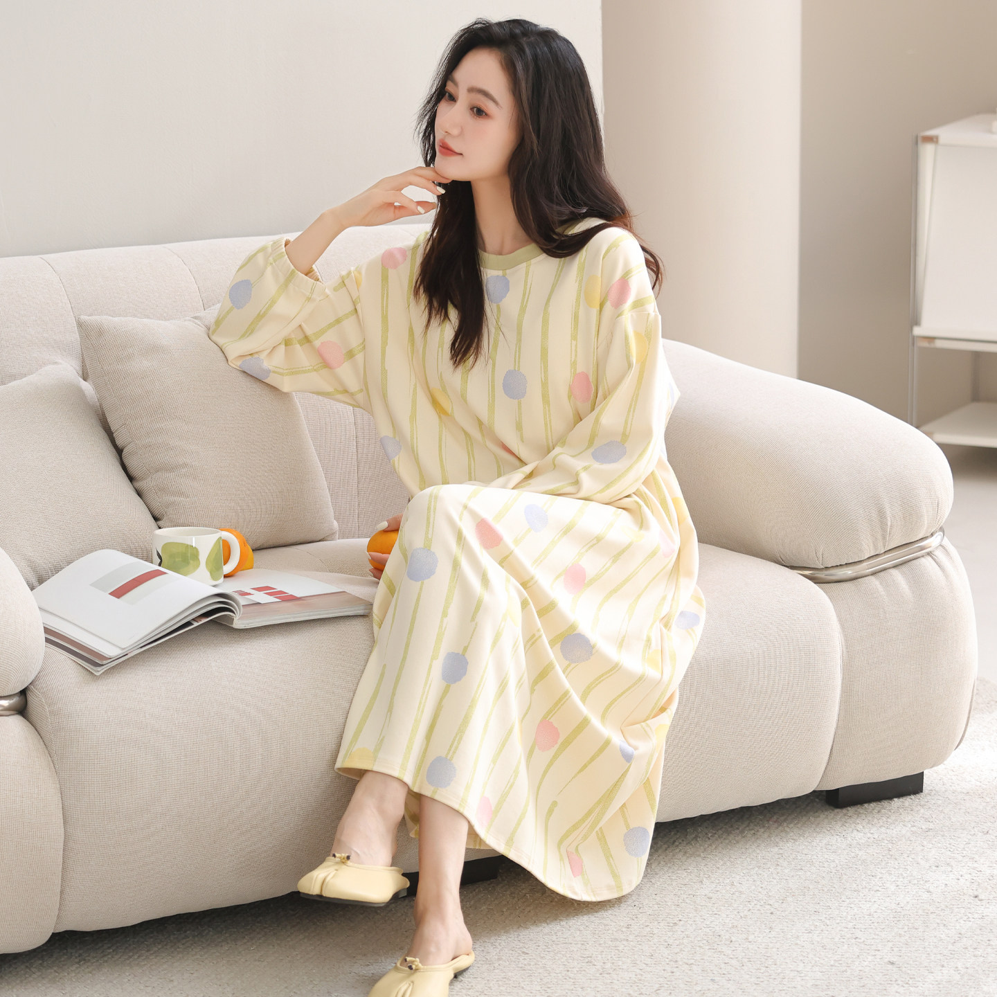 秋冬新款纯棉圆领简约女士长袖宽松睡裙家居服连衣裙甜美春中长款