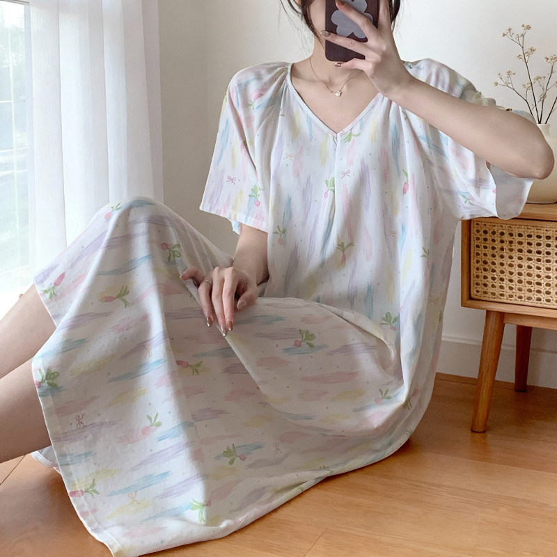 温柔风棉绸睡裙女士夏季薄款短袖睡衣宽松大尺码小碎花可外穿家居