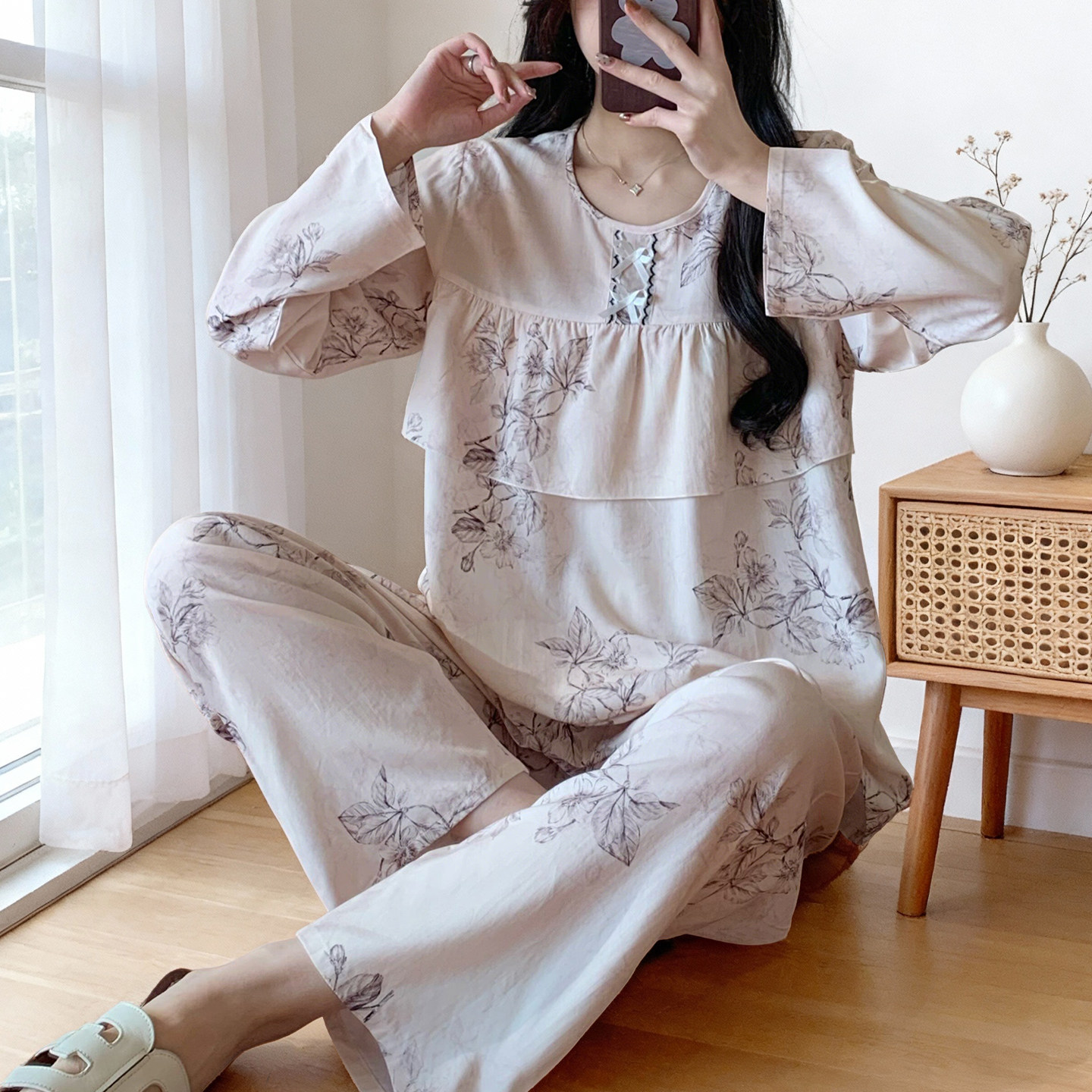 韩系棉绸睡衣套装女士春秋季清凉亲肤轻薄款长袖长裤家居服可外穿