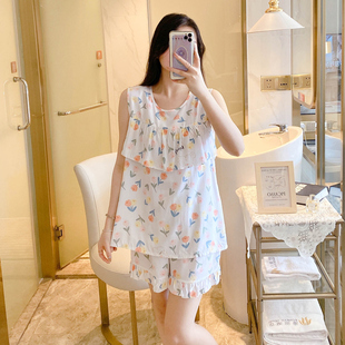 套装 防凸点睡衣女夏天薄款 人造棉无袖 棉绸夏季 绵绸家居服 背心短裤
