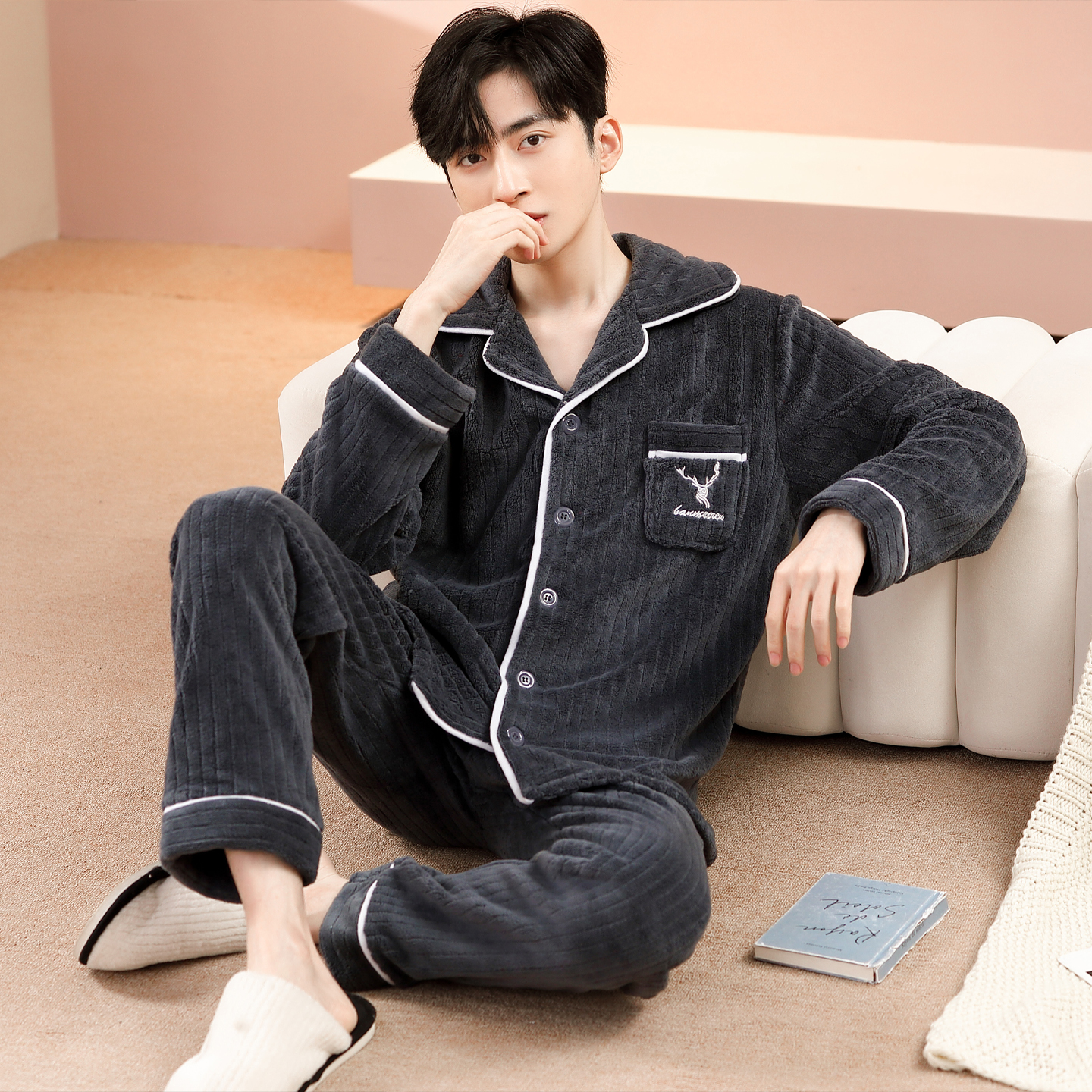男士秋冬季珊瑚绒开衫睡衣中老年法兰绒家居服休闲套装加绒加厚