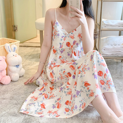 碎花棉绸吊带睡裙女夏季薄款性感家居服高级感薄款睡衣花朵连衣裙