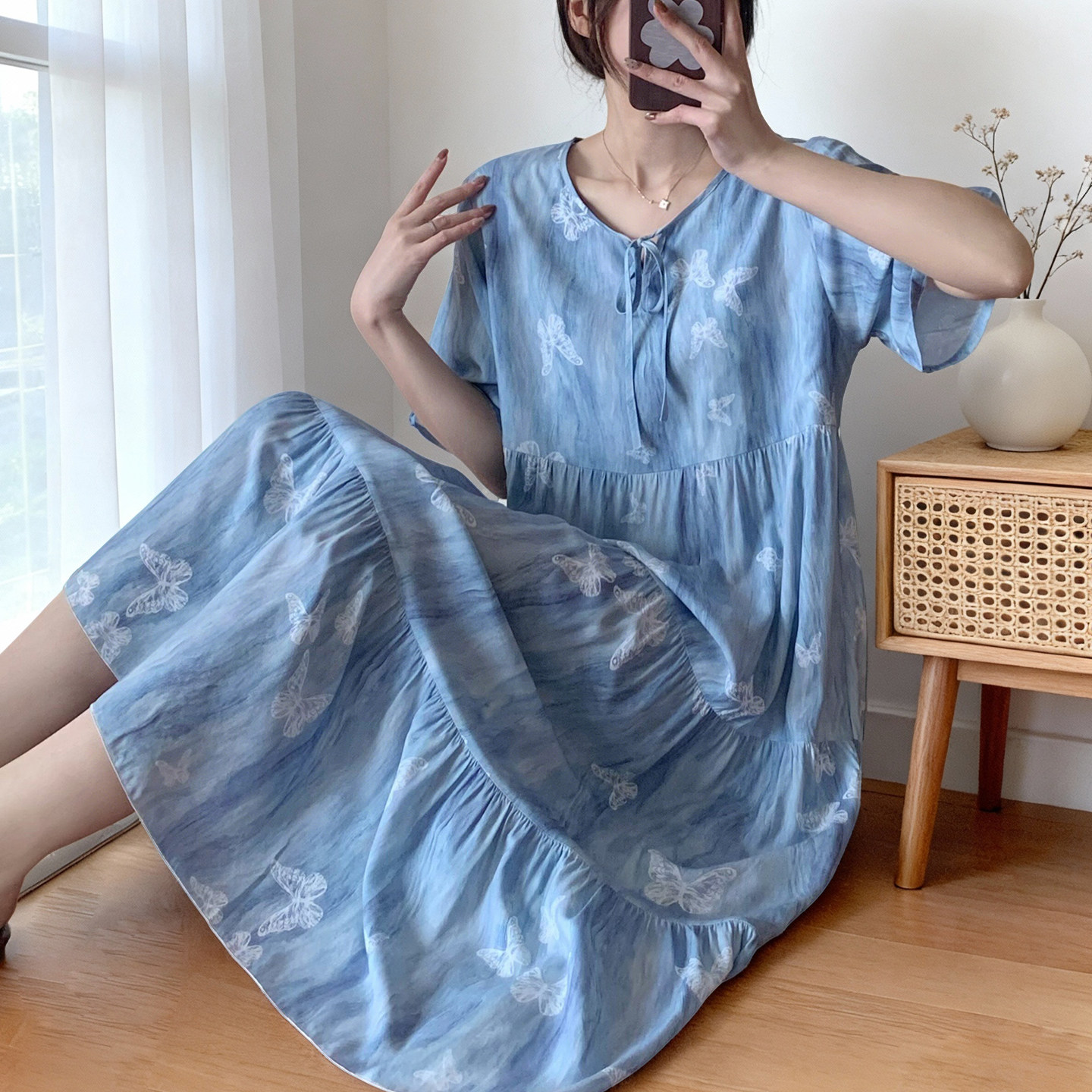 2026新款棉绸睡裙女夏季薄款中长款宽松大码蛋糕裙可外穿时尚睡衣