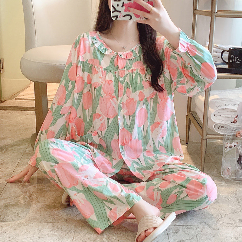 新款春秋夏天棉绸睡衣女士夏季九分裤人造棉家居服套装绵绸空调服