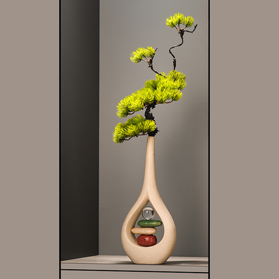 石来运转陶瓷花瓶迎客松入门玄关壁龛细高摆件高级感客厅装饰品