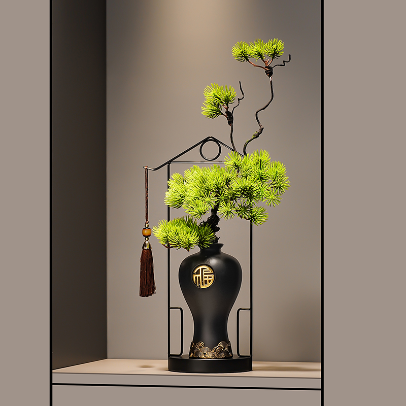新中式细长花瓶入户玄关摆件客厅迎客松办公室博古架装饰品高级感