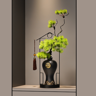 新中式细长花瓶入户玄关摆件客厅迎客松办公室博古架装饰品高级感