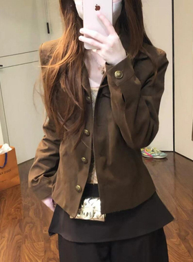 棕色翻领工装外套女款早秋季新款小个子短款气质美式夹克收腰上衣