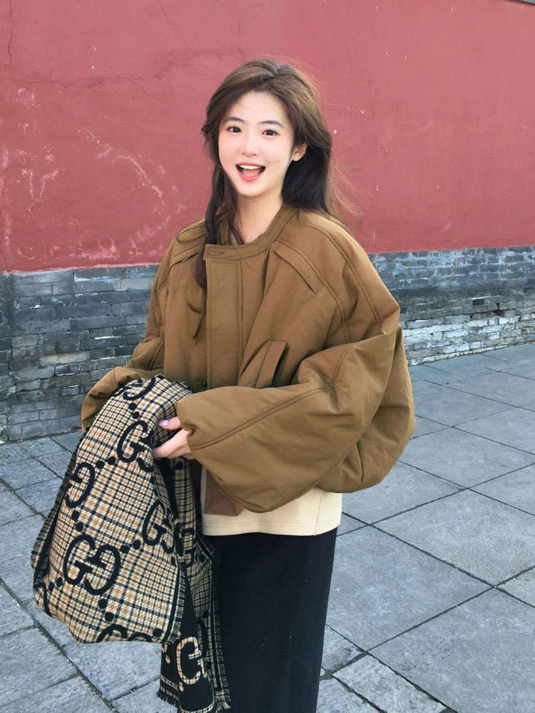 美式覆古咖色花苞短款羽绒棉服女冬季小众设计高级感加厚保暖外套