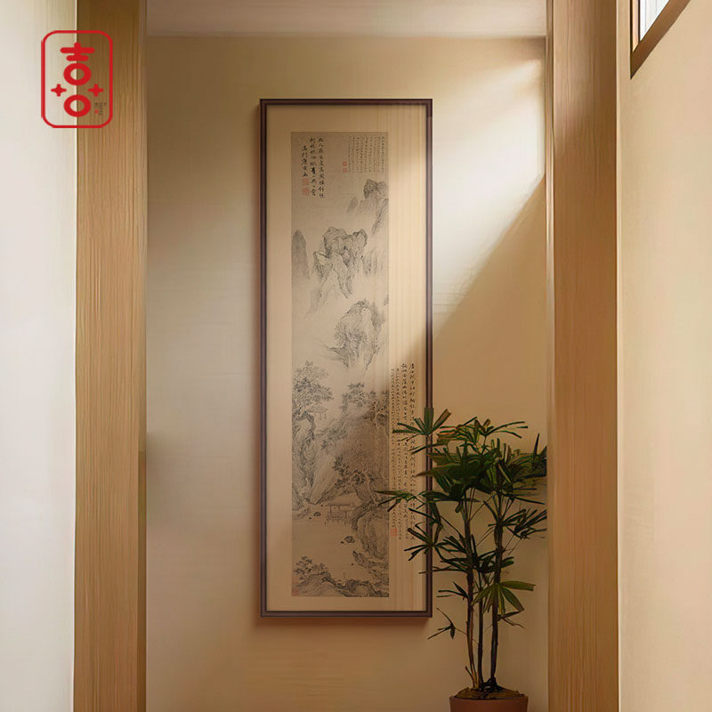 宋代美学挂画 新中式玄关山水背景墙装饰画民宿酒店竖版小众壁画