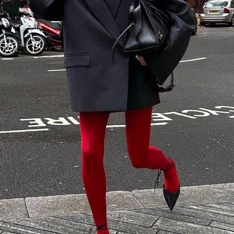 个性红色裤袜女加长天鹅绒打底袜内穿外搭显瘦新娘红裤袜紧身塑形