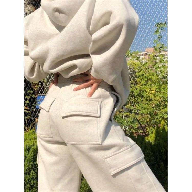 ROUMIKL加绒加厚休闲运动套装女秋冬小个子工装风连帽卫衣卫裤两
