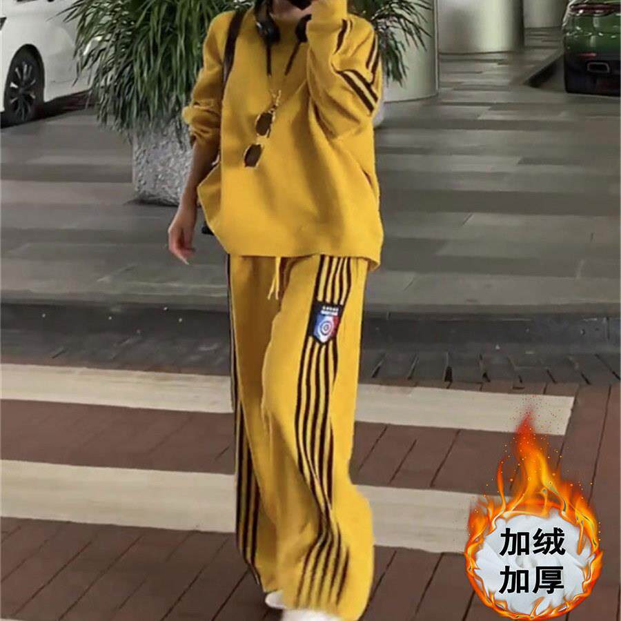 ROUMIKL秋冬加绒加厚新款宽松慵懒风休闲运动套装时尚圆领卫衣卫