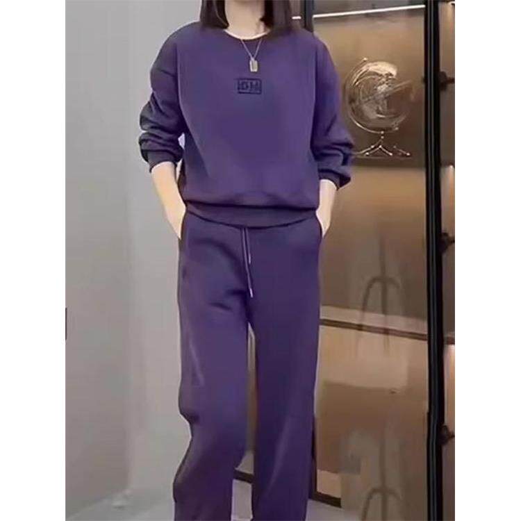 ROUMIKL紫色卫衣运动套装女新款时尚2025加绒加厚圆领长袖上衣休