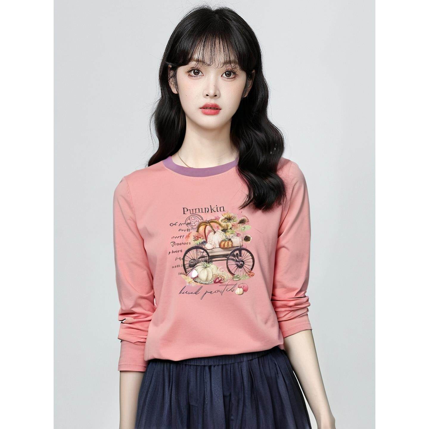 ROUMIKL时尚大码长袖t恤女2025秋季宽松外穿洋气百搭妈妈装打底衫