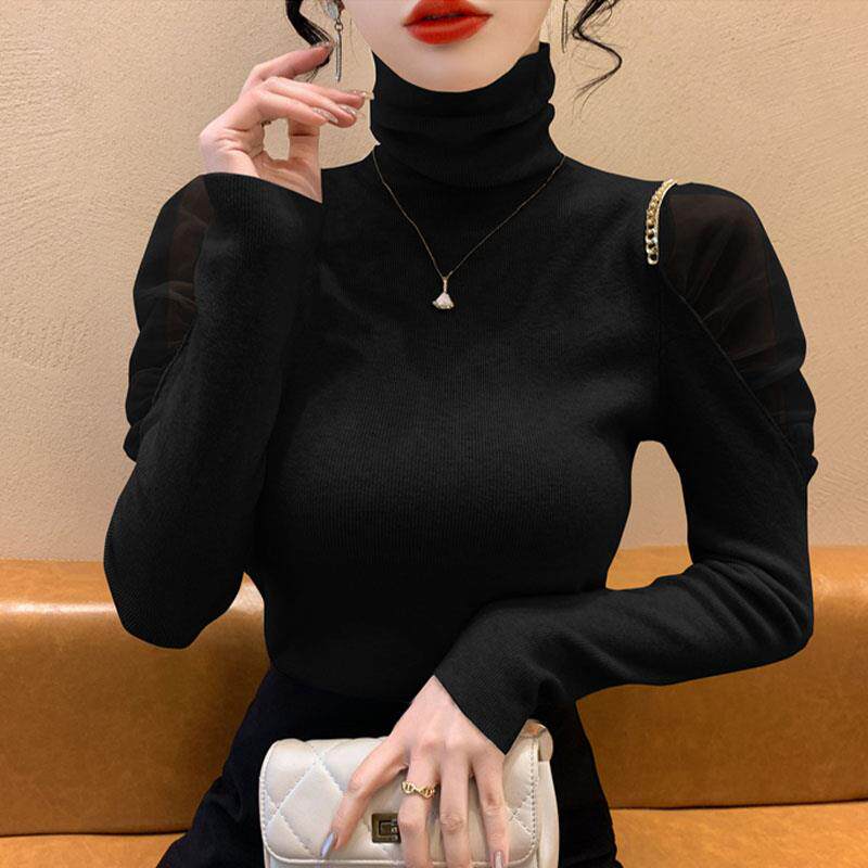 ROUMIKL欧货高领毛衣女冬季2025新款秋冬打底针织衫网纱修身保暖