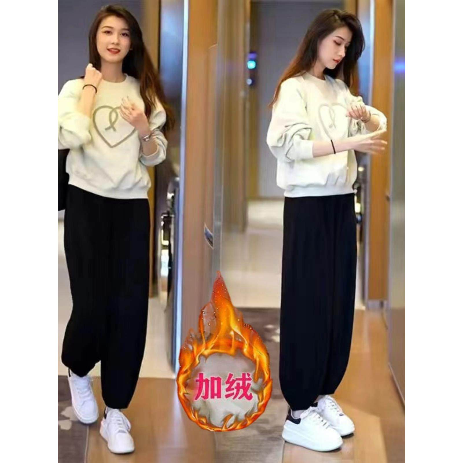 ROUMIKL纯加绒加厚休闲运动服套装女小个子秋冬装宽松显瘦卫衣时