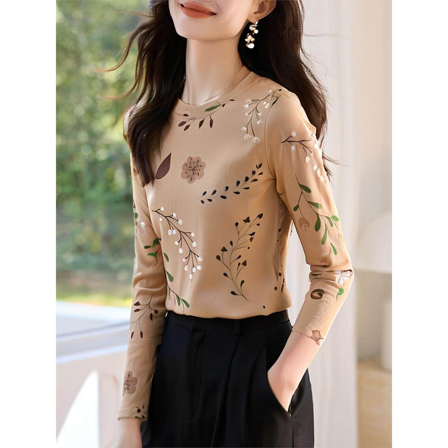 ROUMIKL韩版印花长袖t恤女装修身时尚内搭可外穿打底衫2025秋季圆